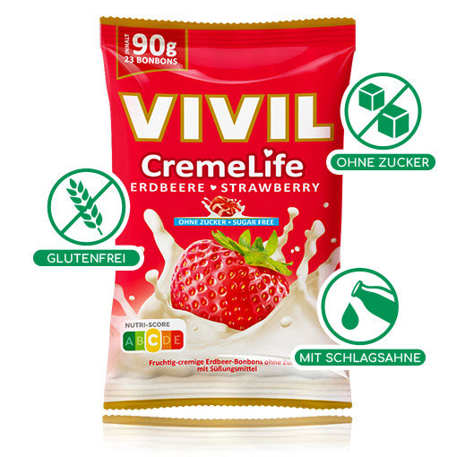 VIVIL Creme Life Erdbeere Sahnebonbons ohne Zucker | 15 Beutel